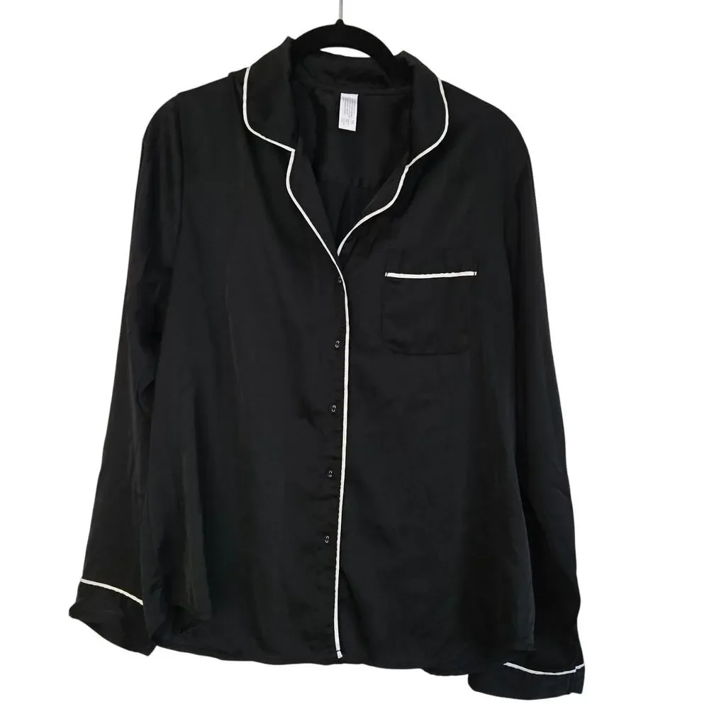 Satin Chic Pajama Set BLK/White Piping Button‑Up Top & Drawstring Shorts Medium